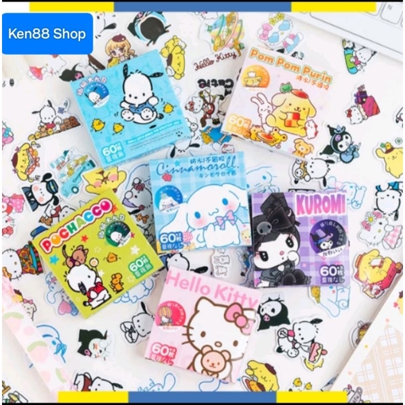 Stiker Box Aesthetic Sanrio Waterproof Isi 60pcs / Stiker Lucu Motif Kartun Korea