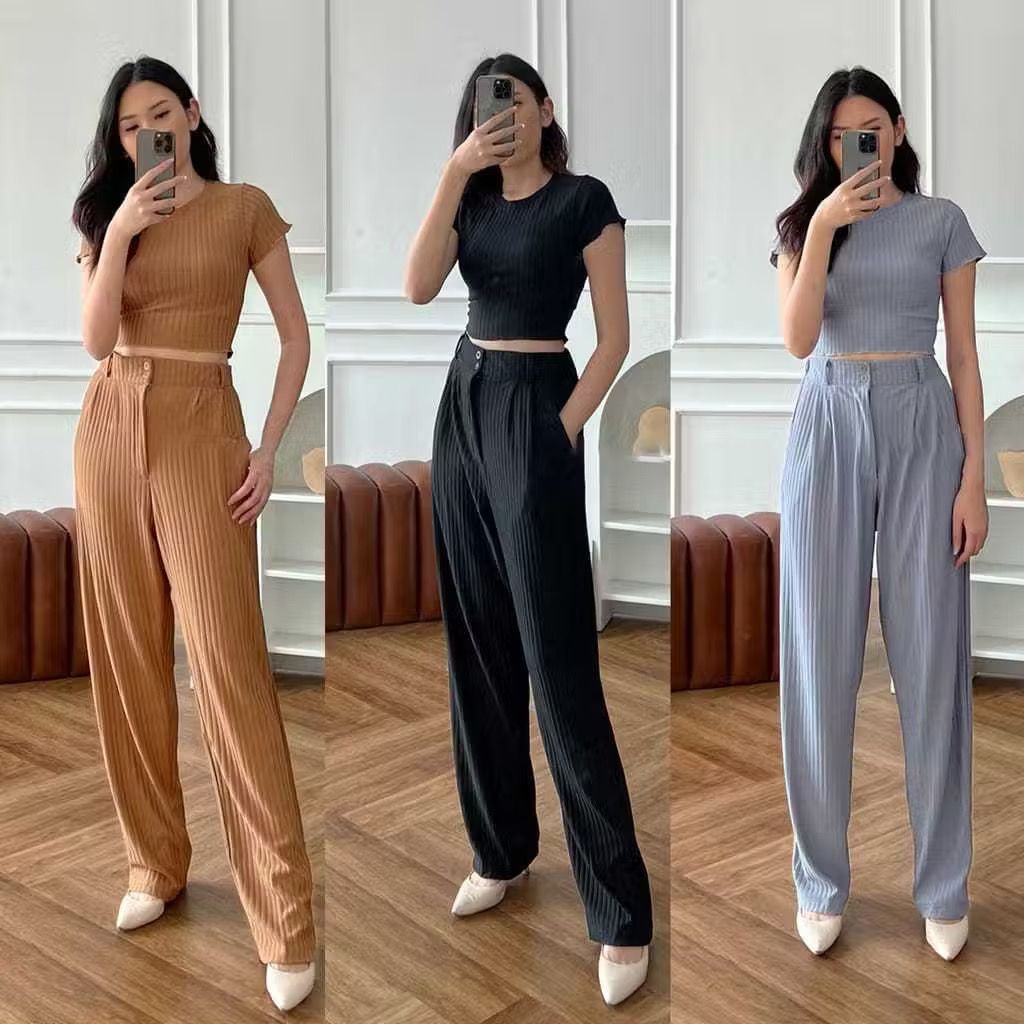 ANNA - Rib Knit Luna Set Crop Top and Premium Rib Knit Pants - Baju Atasan dan Celana Wanita Murah B