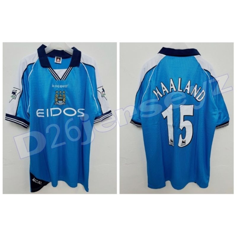 Jersey RETRO ManchesterR CityY_ Home 1999 - 2001 + Cetak nama Nameset HAALAND 15 / Custom Font RETRO