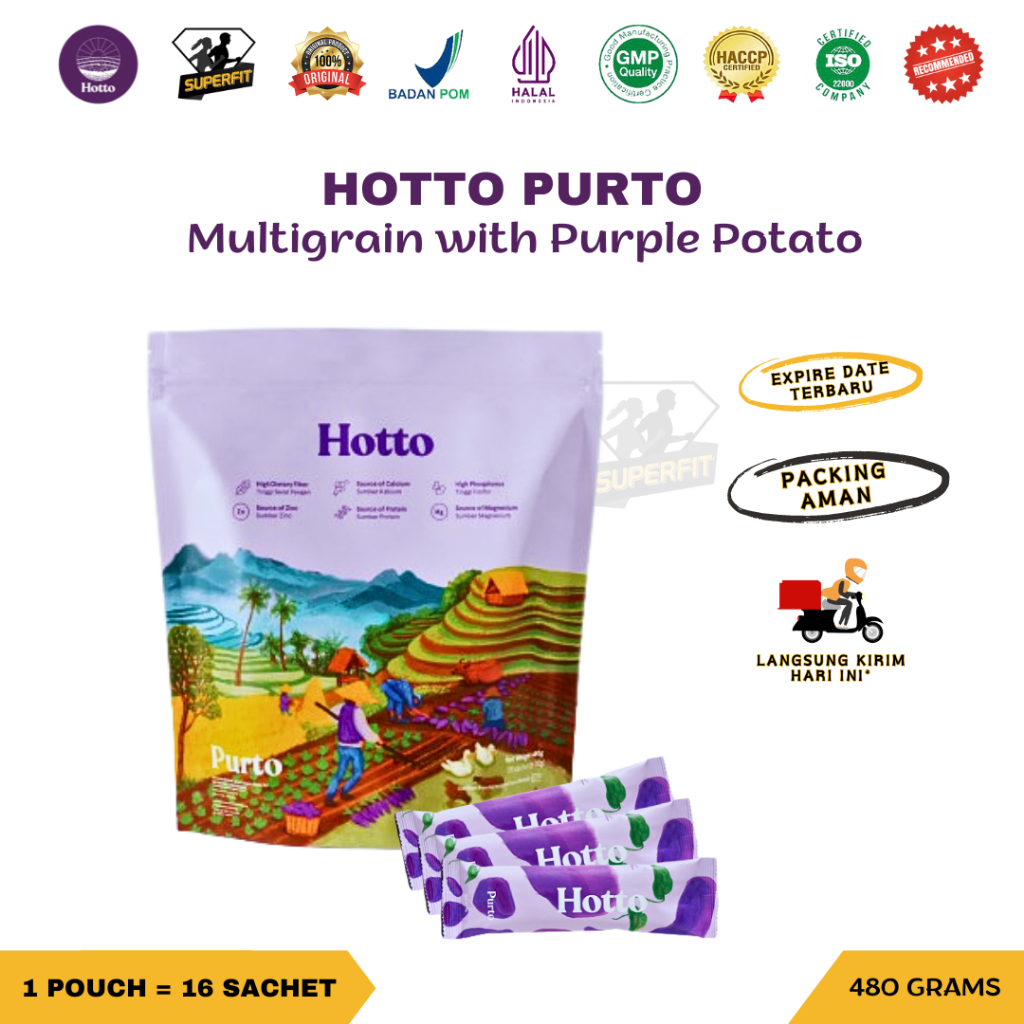 

HOTTO PURTO 1 Pouch isi 16 Sachet Multigrain with Purple Potato Organik Prebiotik Oat Beta Glucan Diet Sehat Sereal Ubi Ungu Edamame MAME Protein Rendah Kalori BPOM HALAL