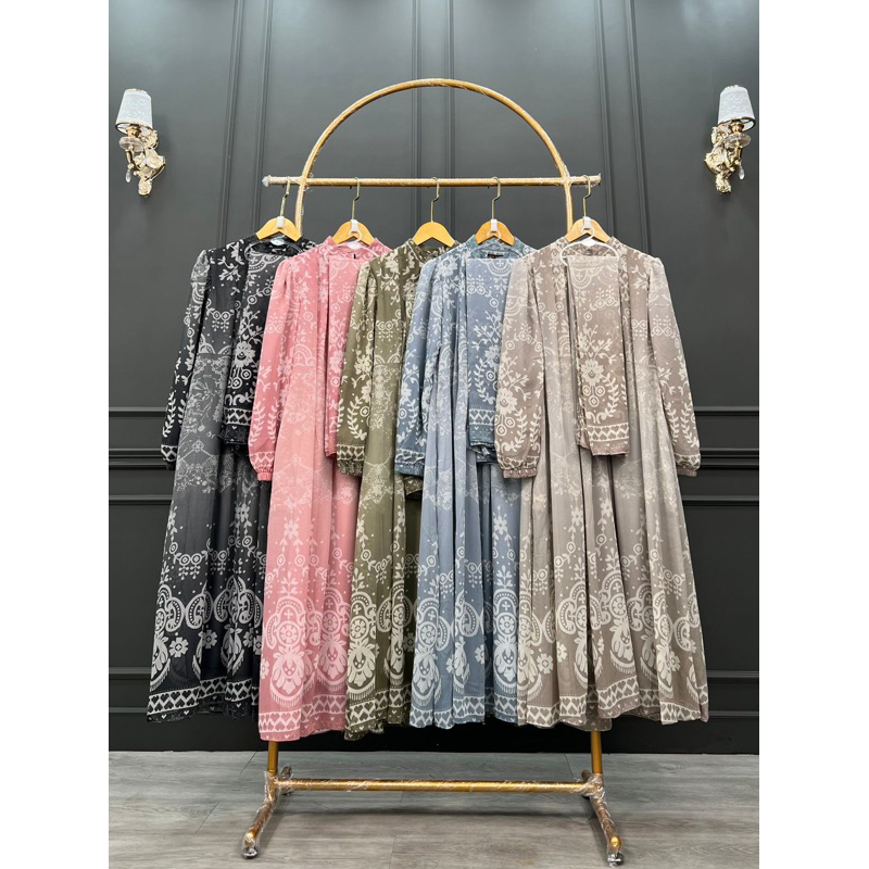 Dress ceruti midi dengan hijab |dress ceruti -dress hijab -dress lebaran -dress motif