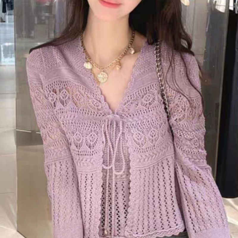 J4072 Baju atasan luaran GILLIANNE HOLLOW CARDIGAN & TANKTOP 2PCS SET rajut Korean style wanita prem