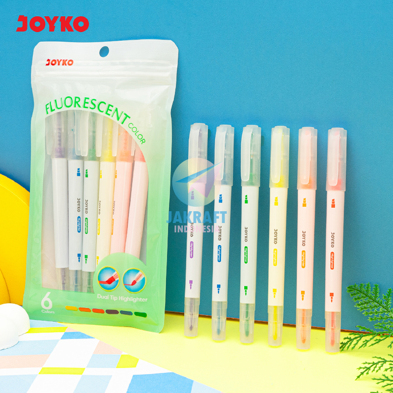 

(6 Pcs) Set Highlighter Marker Dual Tip Fluorescent 6 Warna JOYKO HL-100-6 Spidol Penanda 2 Mata Broad & Fine Neon Terang