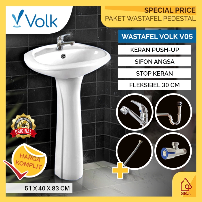 SET WASTAFEL KAKI PEDESTAL VOLK GERANIUM V05 KOMPLIT + KERAN + STOP KERAN + FLEKSIBEL + SIFON ANGSA 