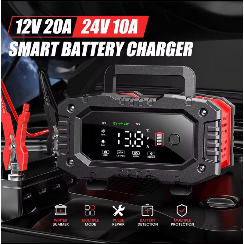 NEW FOXSUR 20A Charger Aki Mobil Motor Truk 12V 20A - 24V 10A Smart Charger 7 Stage Pengisian