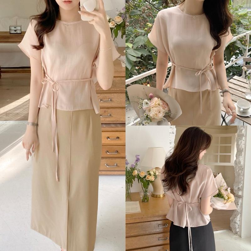 SET1049 HANIVA KOREAN STYLE VINTAGE MIDI SETELAN ATASAN ROK SIMPLE POLOS KASUAL FORMAL LOOK GEREJA  