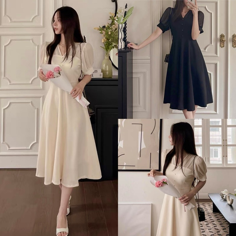 D1656 INTAN KOREAN STYLE VINTAGE MIDI DRESS SIMPLE POLOS VNECK GEREJA CHRISTMAS OUTFIT NATAL KASUAL 