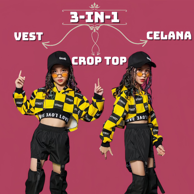 SPIN setelan baju kostum hip hop anak perempuan 4- 12 tahun terbaru 3in1 korea style dancer/hip hop