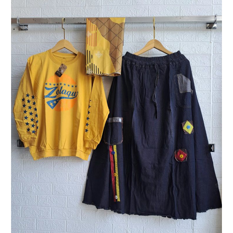 Set rok jumbo dan hijab jeans wash/setelan rok jeans UK jumbo