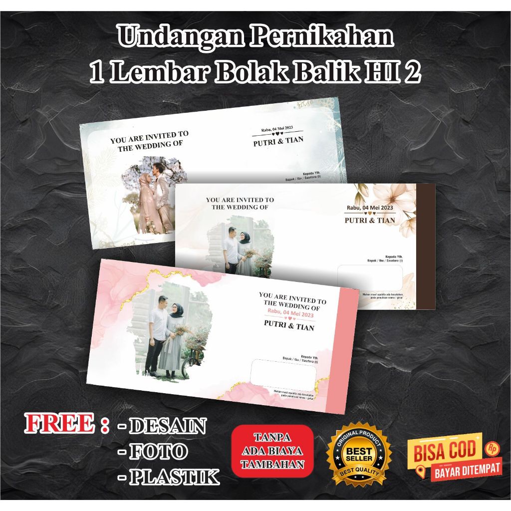 Undangan Pernikahan 1 Lembar Bolak Balik HI 2 ( Free Desain + Foto )