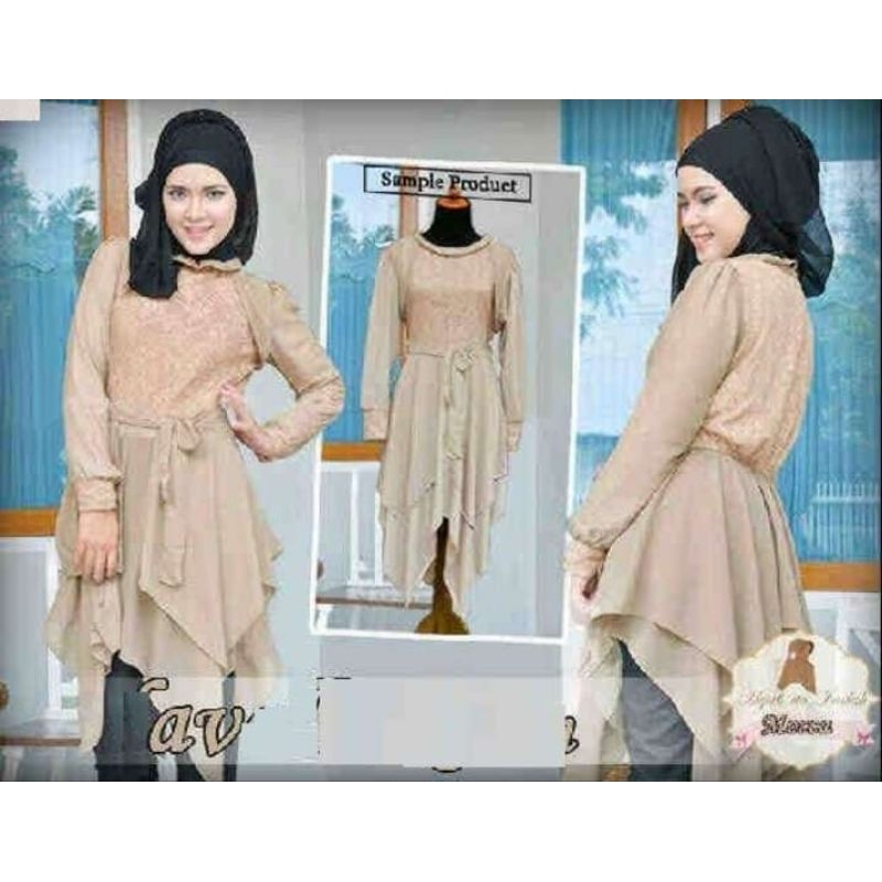 long blus tunik dress asimetris lace brukat renda cream long sleeve