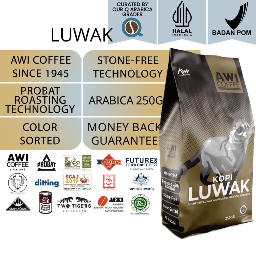 

Awi Kopi Luwak 250Gr | Arabica Roasted Civet Coffee | Biji / Bubuk | Bean / Powder | Specialty Grade