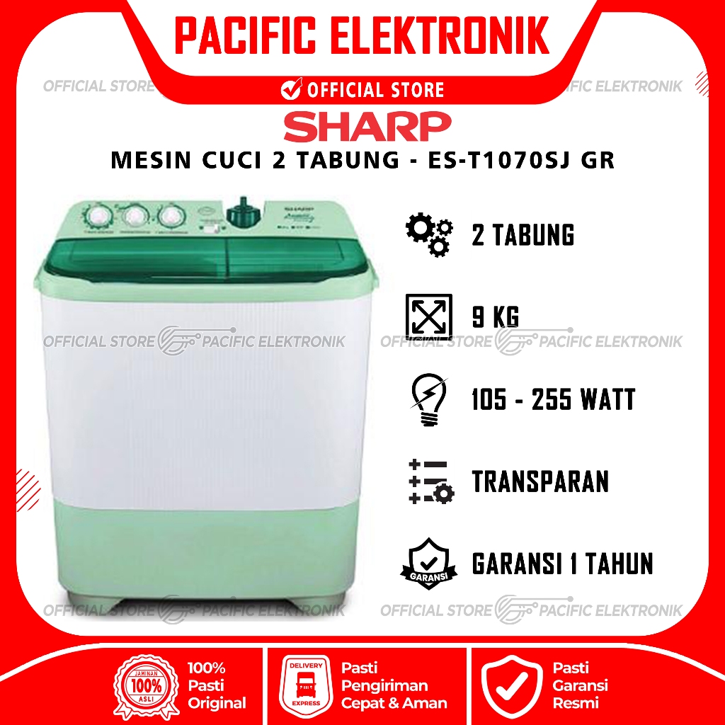 Mesin Cuci Sharp 2 Tabung Aquamagic 9kg ES-T1070SJ-GR / 1070SJ GR / 1070