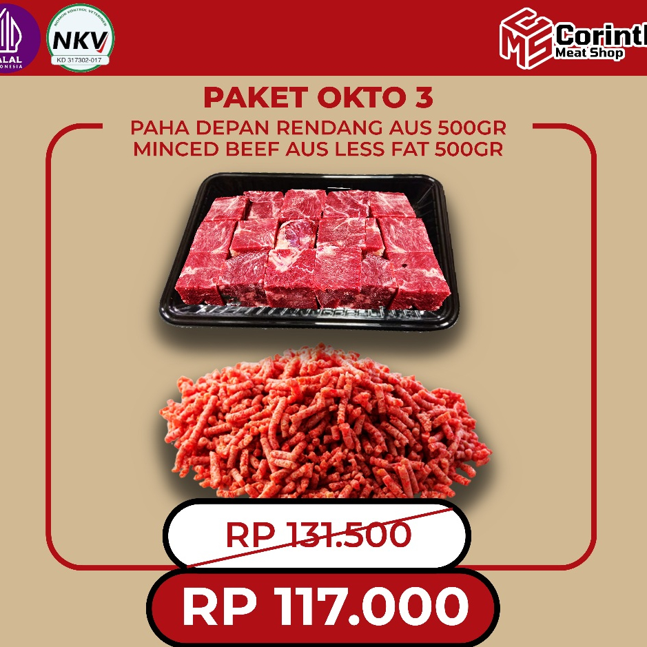 

PROMO OKTOBER 3 / PAHA DEPAN AUS RENDANG 500GR + MINCED BEEF AUS LESS FAT 500GR / HALAL / FRESH / SEHAT / NKV