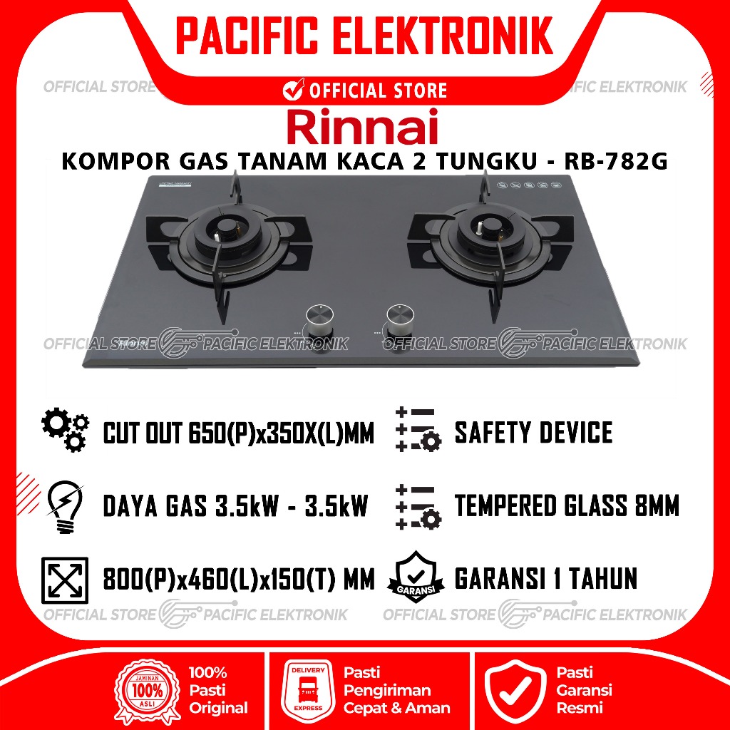 Kompor Gas Tanam Rinnai Kaca 2 Tungku RB-782G / RB782G / 782G