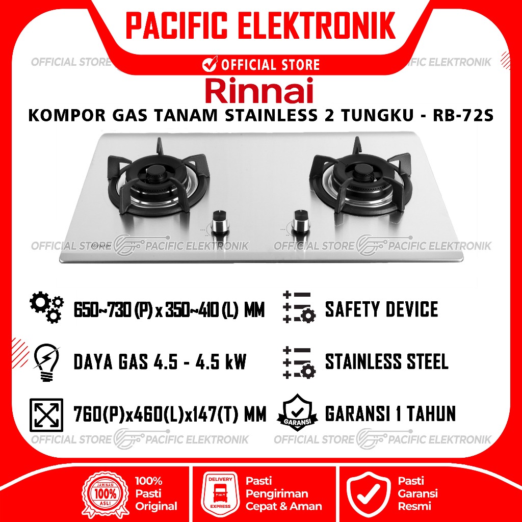 Kompor Tanam Rinnai Stainless RB-72S / RB72S / 72S
