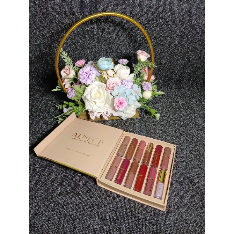 ALNECE Lipstik 12warna Set lip glossy matte piana Non stick Lip Glaze Lipstik warna tahan air
