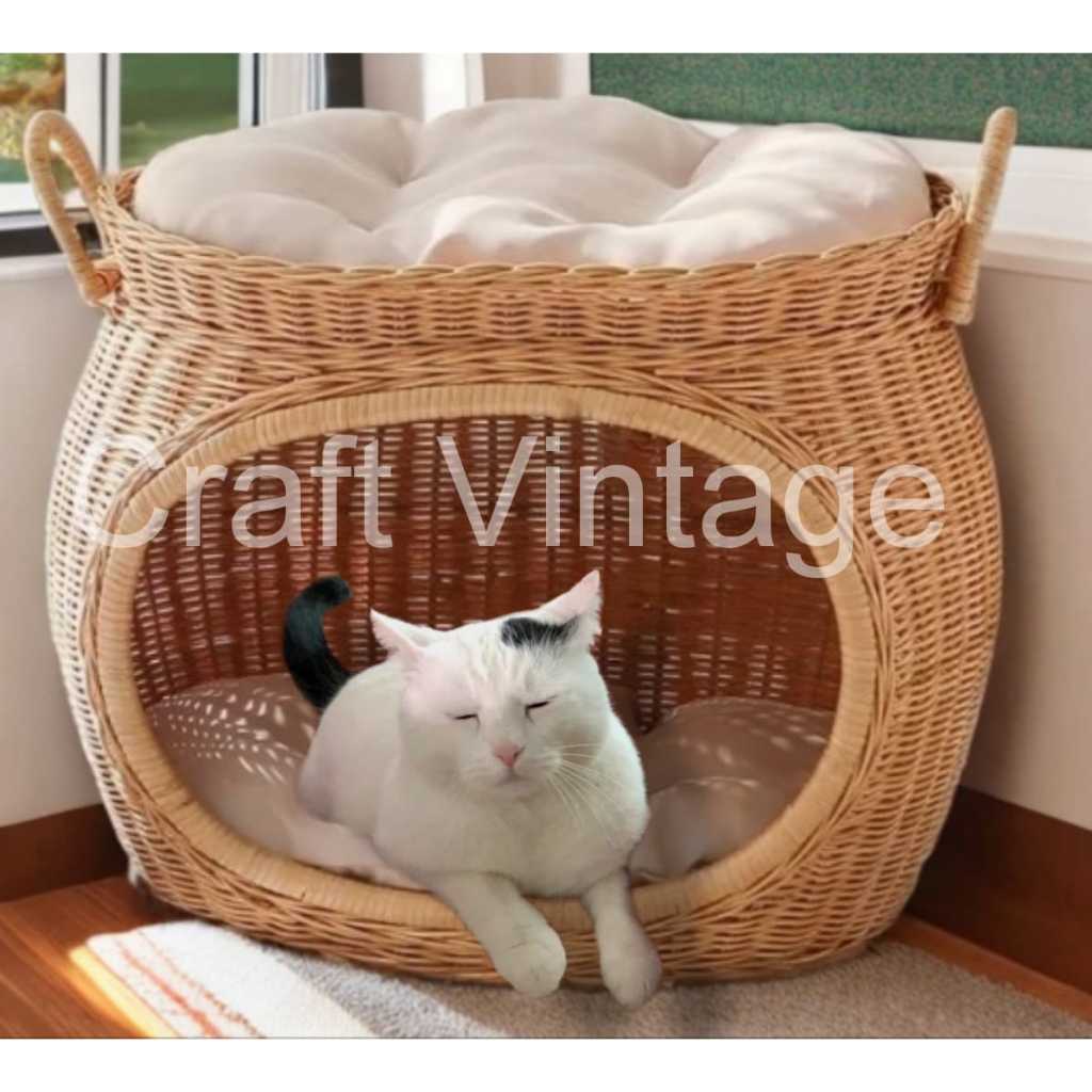 Tempat Tidur Kucing Anjing Rotan / Rumah Kucing Tingkat Rotan Hewan Peliharaan