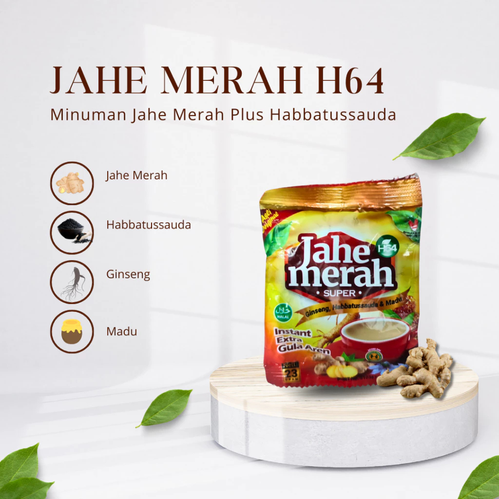 

Jahe Merah Super H64 Plus Ginseng, Habbatussauda, dan Madu harga Per RENCENG isi 12 sachet - Jahe Merah Super H64 Extra GULA AREN Plus Habbatussauda, Ginseng dan Madu - Jahe Merah Super H64 Instant Extra Gula Aren