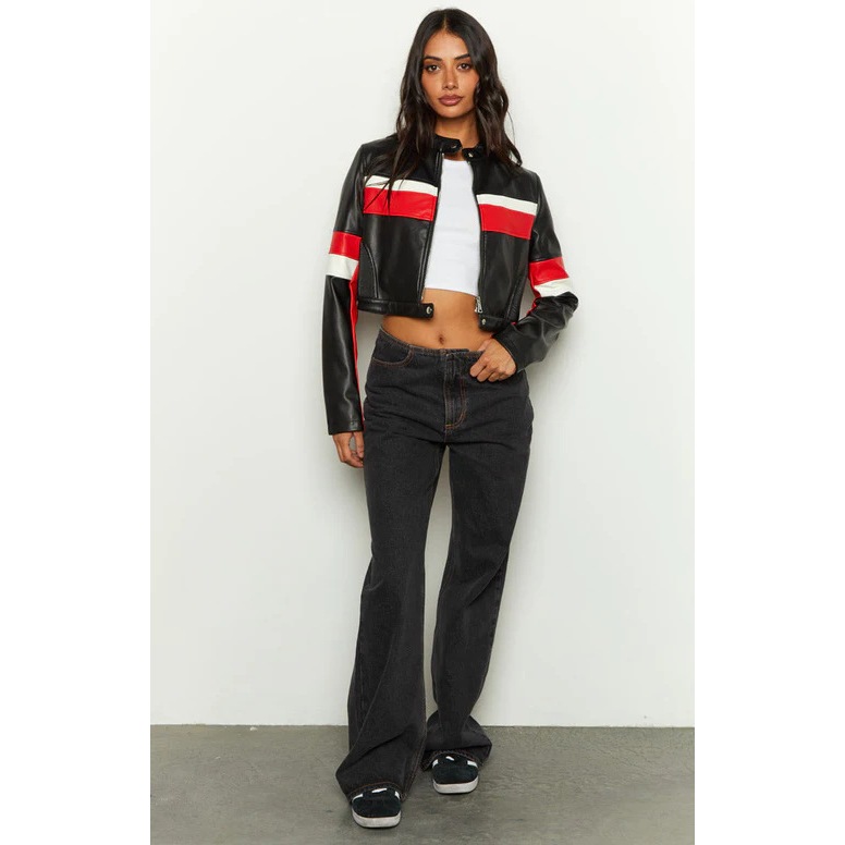 Jaket Crop Kulit wanita merah putih hitam