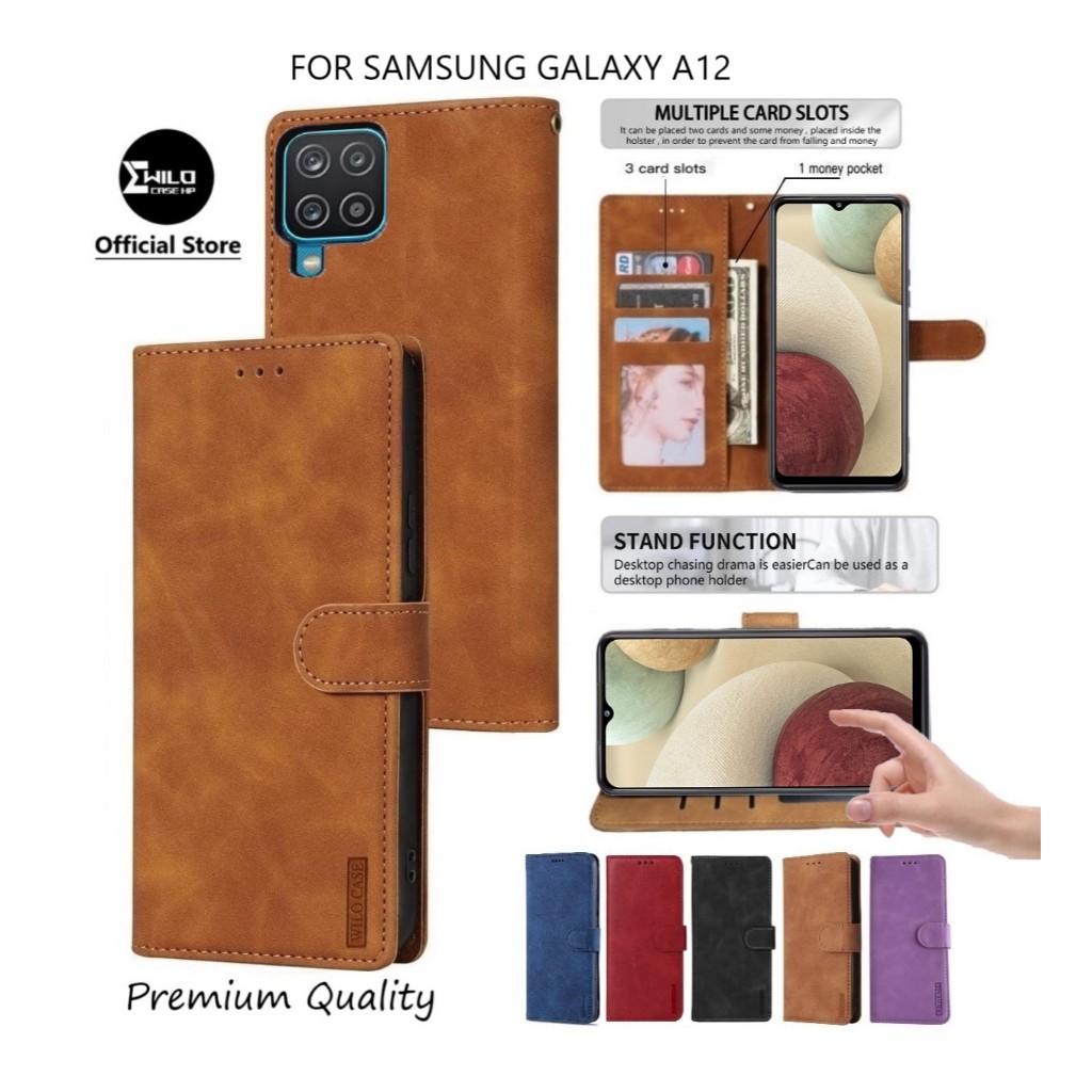 Wilocase Flip Wallet Samsung Galaxy A12 Premium Case Flip Wallet Kulit/Casing Dompet Hp