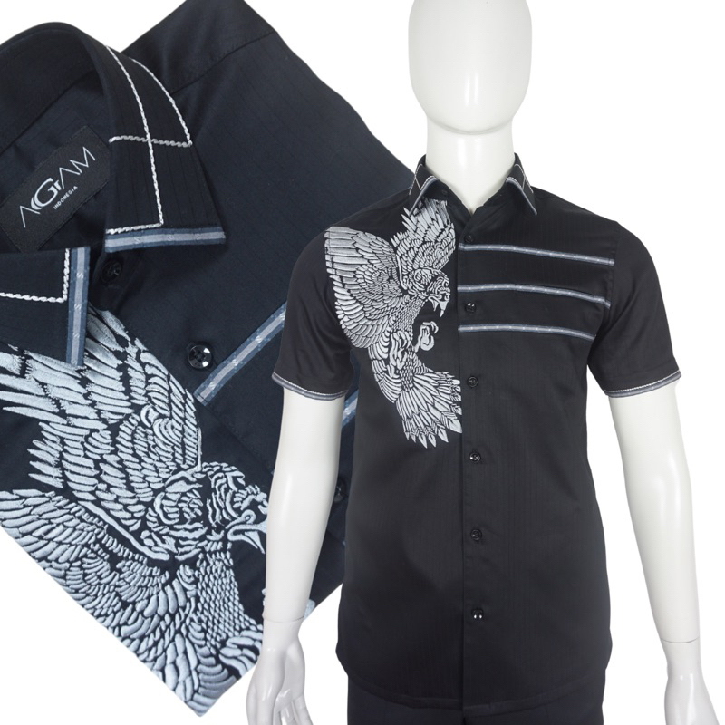 Kemeja Hitam Pria Bordir burung Garda Garuda Agam