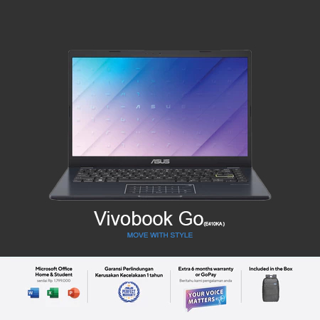 ASUS VIVOBOOK GO E410KA N4500, MEMORI 4GB,SSD 256, WINDOWS 11 HOME