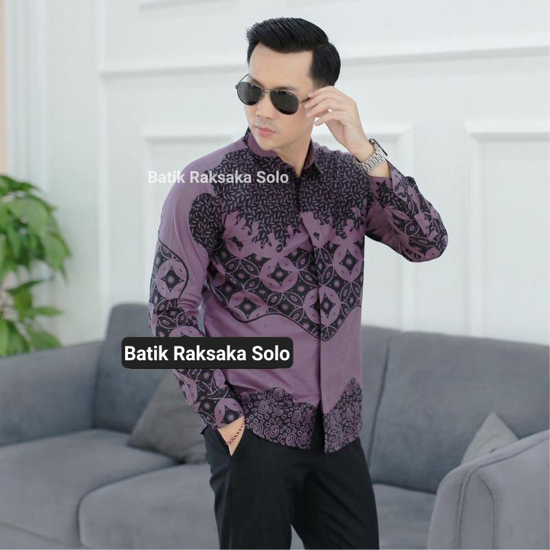 Kemeja Batik Pria Cowok Slimfit Premium Motif LENGKO LILAK Full Furing Baju Lengan Panjang Warna Ung