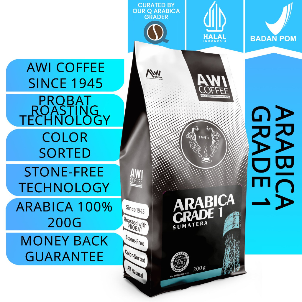 

Awi Coffee Sumatera Arabica Grade 1 Blend For Cafe 200Gr Biji| 100% Arabica| Bean / Ground