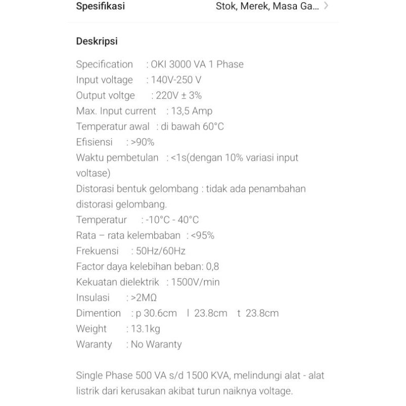 Stabilizer Listrik Oki 3000 Second