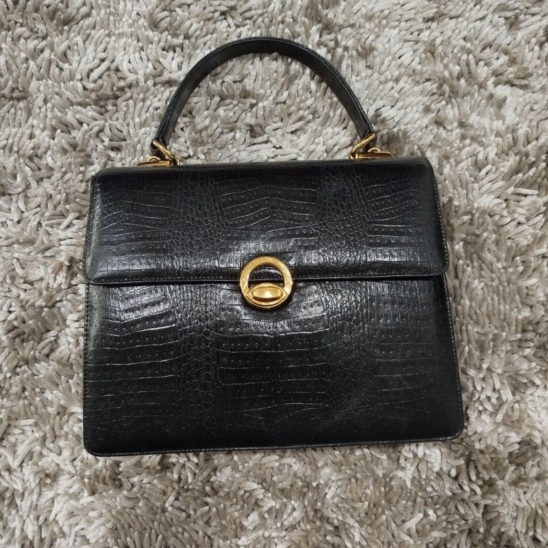 Tas Top Handle Branded Hitam Kulit Sapi Glossy Motif Croco size S