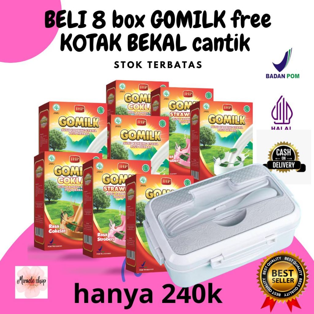 

7 BOX GOMILK GRATIS KOTAK BEKAL SUSU KAMBING ETAWA PLUS HERBAL SUSU PENGGEMUK BADAN untuk pencernaan