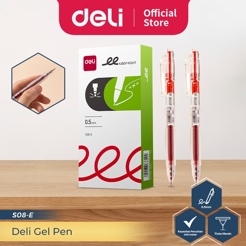 

Deli Gel Pen / Pulpen Gel Retractable Pen Cetek 0.5 mm Tinta Merah 1 pcs S08-E