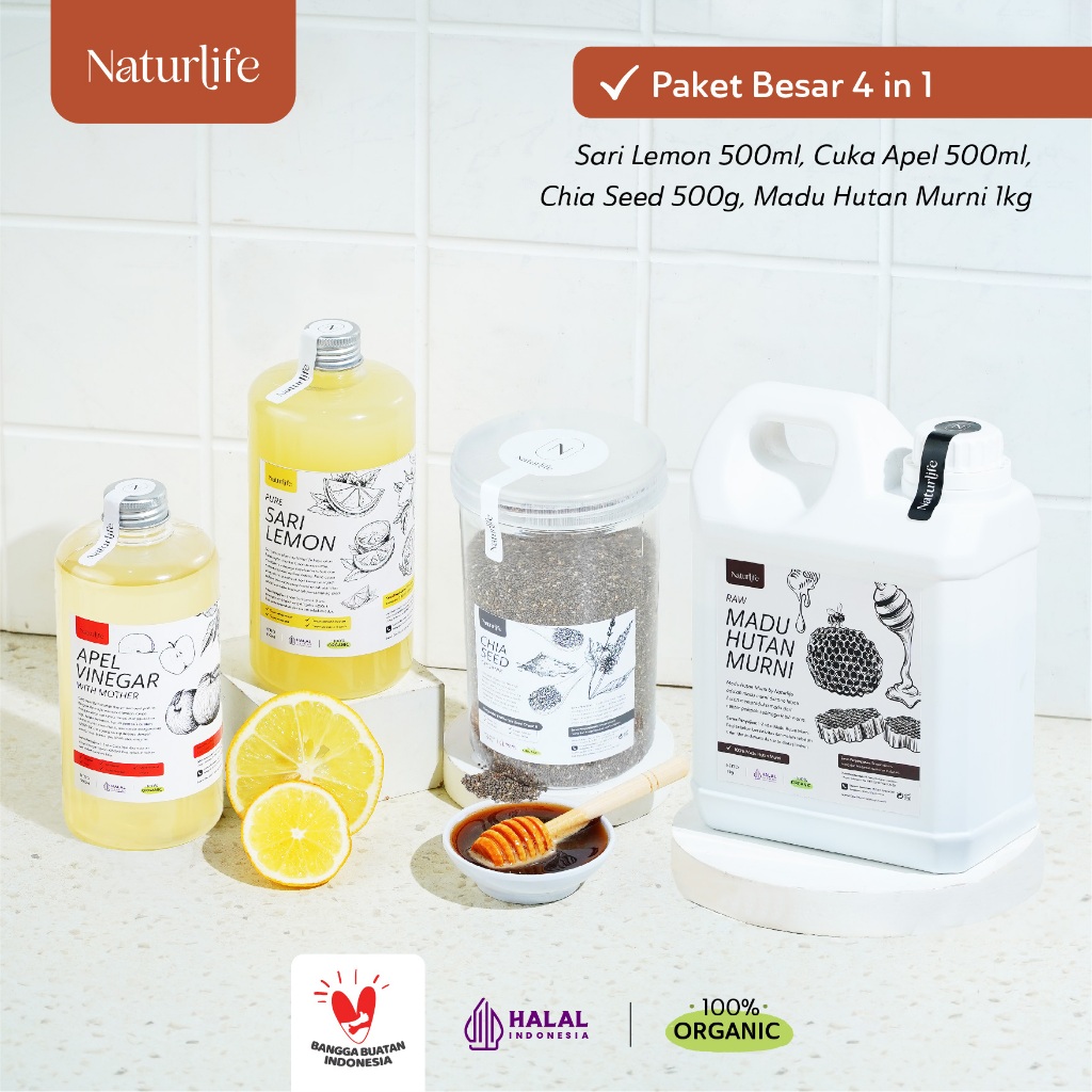 

[LEBIH HEMAT] PAKET BESAR 4 IN 1 NATURLIFE CUKA APEL 500ML SARI LEMON 500ML MADU MULTIFLORA/HUTAN 1KG CHIASEED 500G UNTUK DIET WAJAH LAMBUNG ORIGINAL ORGANIK HALAL APPLE CIDER VINEGAR WITH MOTHER HALAL ORGANIC DEHEALTH NUTRILOGY OFFICIAL / NUTRIFARM