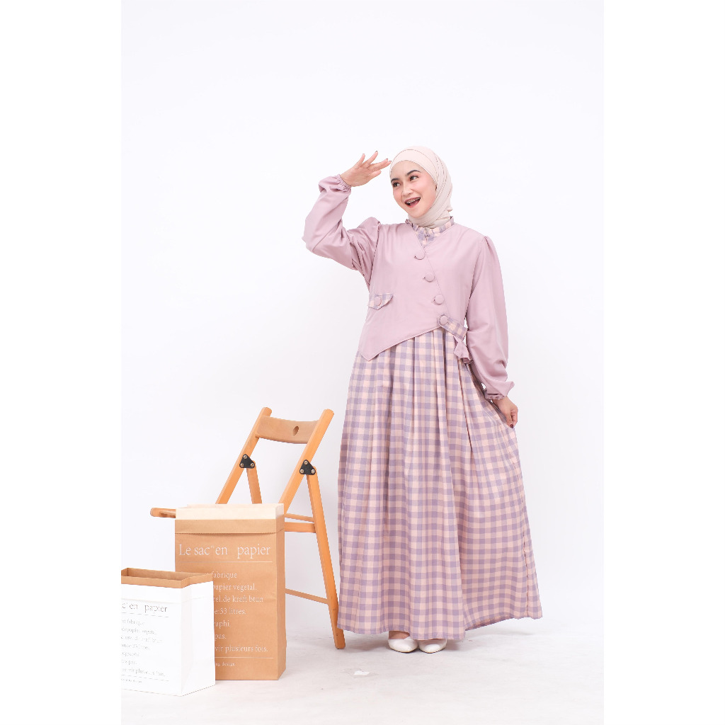 Gamis Remmy  Cutton Polos Kombinasi Kotak