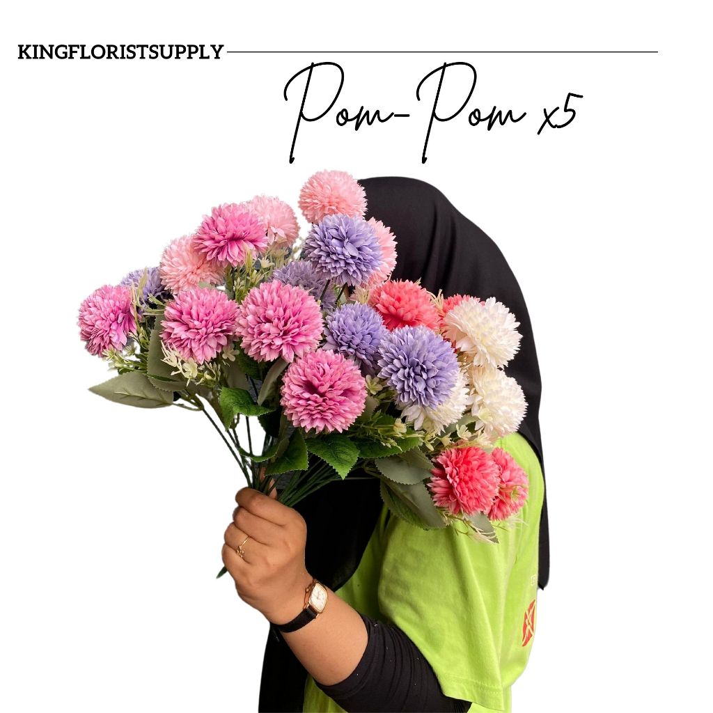 Artificial Flower Pompom 5 kuntum dandelion flower bouqet/mahar Bunga Palsu Bunga Sutra Dandelion