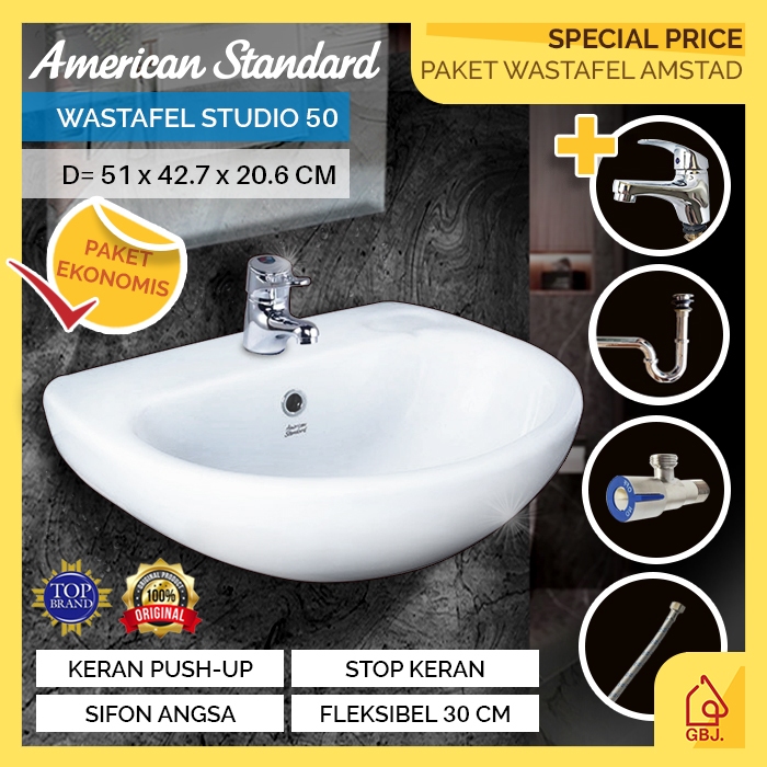 SET WASTAFEL GANTUNG AMERICAN STANDARD STUDIO 50 KOMPLIT + KERAN + STOP KERAN + SIFON ANGSA + FLEKSI