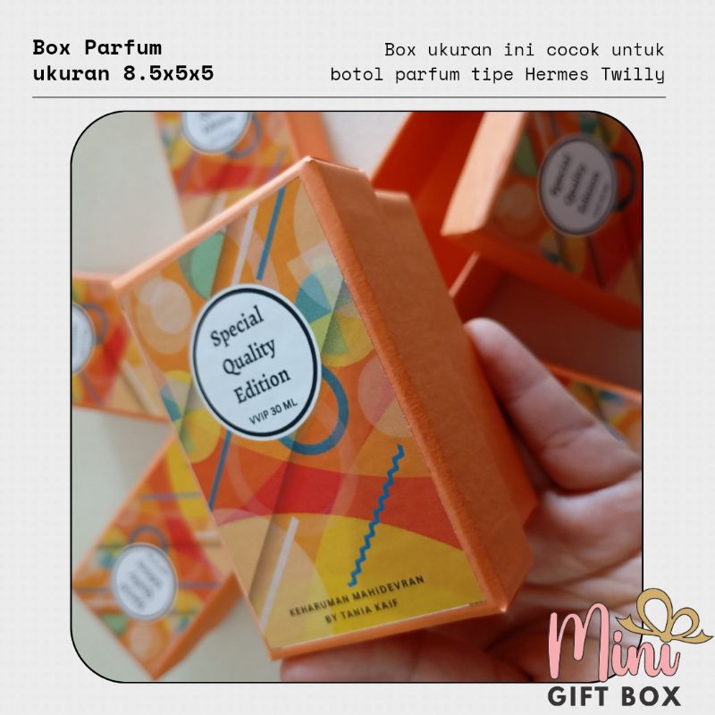 

Box parfum untuk botol tipe twilly ukuran 8.5x5x5 cm bisa custom logo