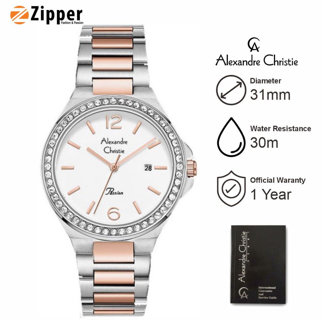 Alexandre Christie Passion AC 2981 LD BTRSL Jam Tangan Wanita Ladies Silver Dial Dual Tone Stainless