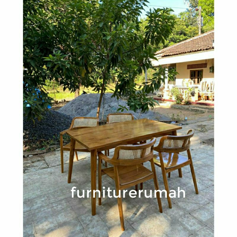 meja makan 4 kursi kayu jati rotan minimalis, set meja makan 4 kursi kayu jati rotan