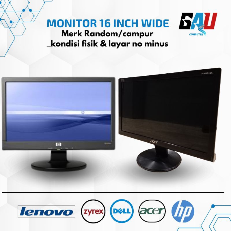 Monitor 16 Inch Wide | Layar Komputer PC / CCTV | Merk Random HP DELL Lenovo Acer Samsung Zyrex dll