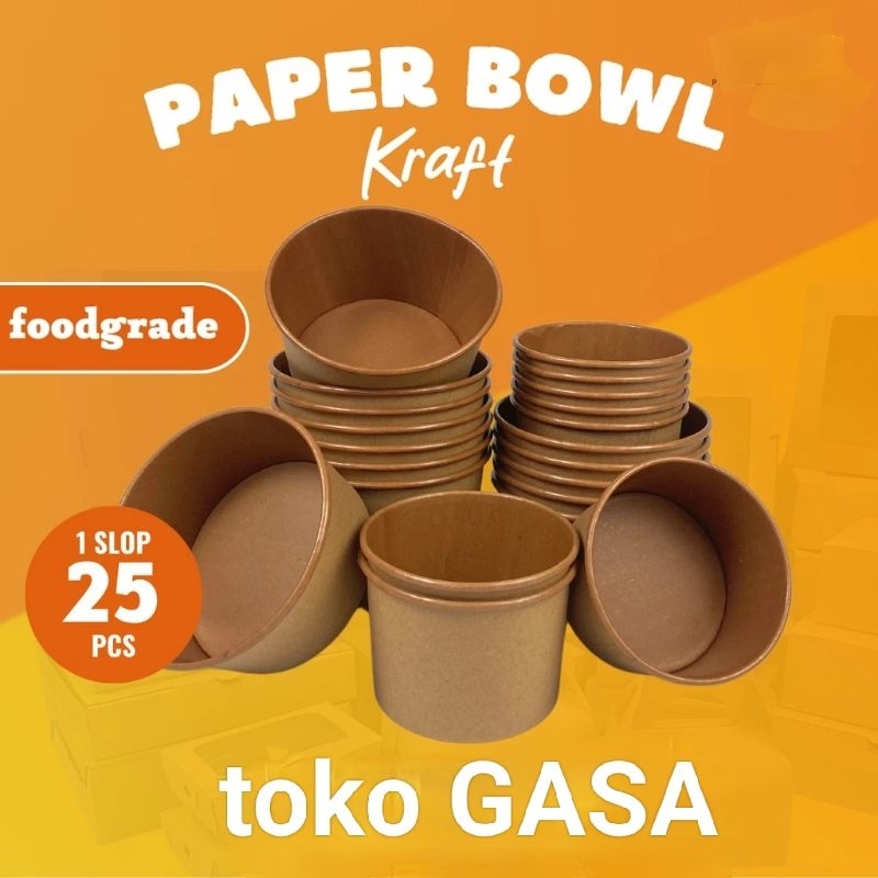 (25pcs) paper bowl kraft 650ml coklat laminasi 1 slop/mangkok kertas/rice paper bowl/bakso cup/cup m