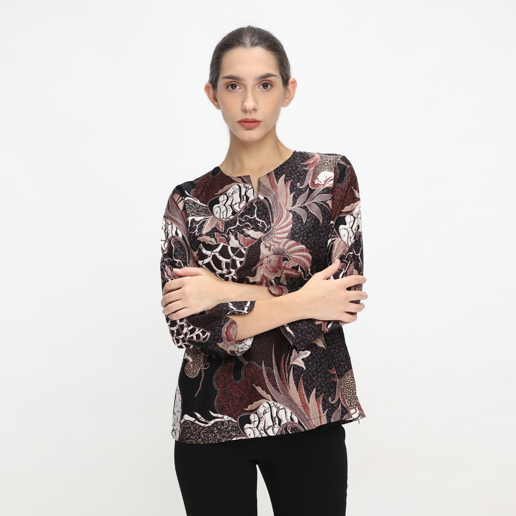 Blouse Batik Wanita Atasan Batik Wanita Lengan Panjang Motif Coklat OLR236