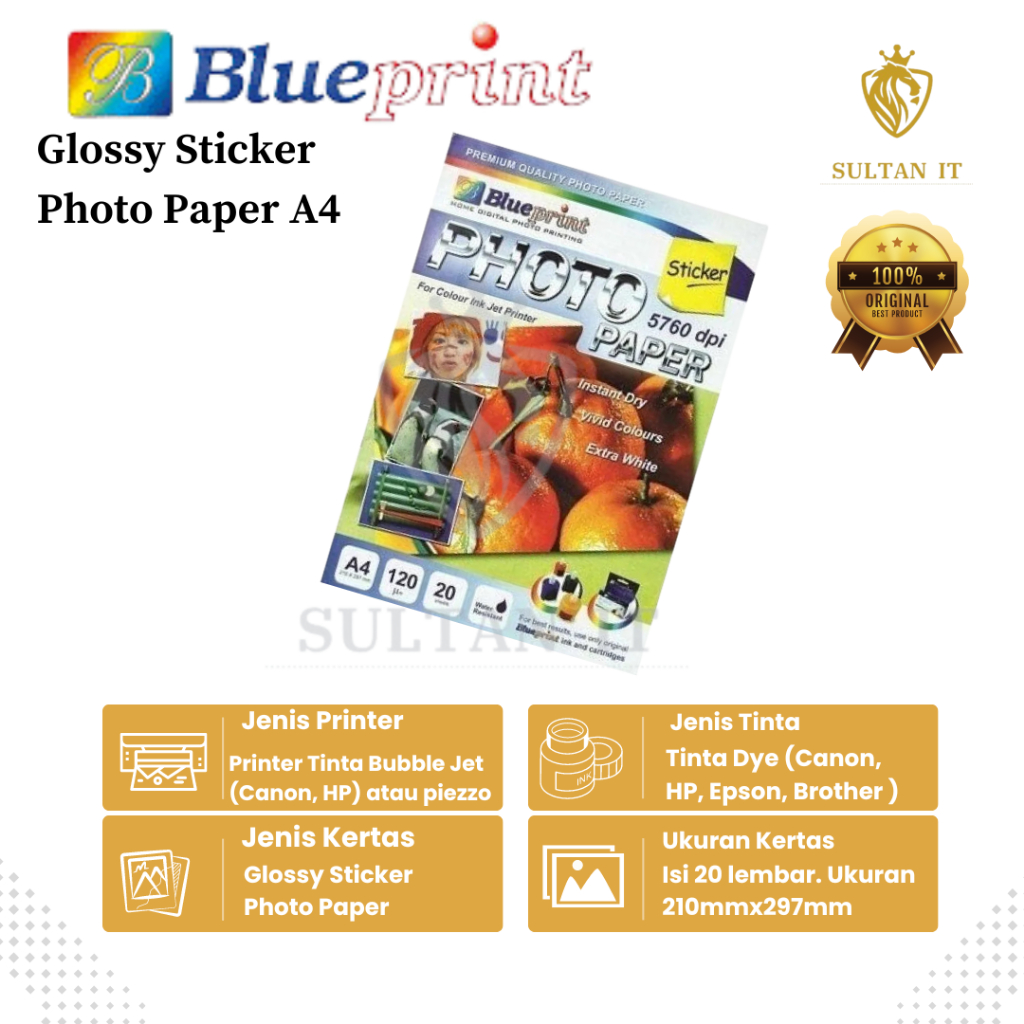 

Glossy Sticker Photo Paper A4 120gsm isi 20 lembar Kertas BLUEPRINT