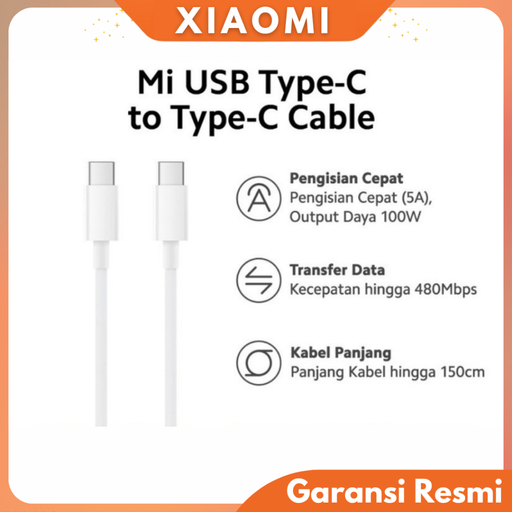 Xiaomi Mi Kabel Data Type-C To Type-C 150cm Mendukung Arus 5A 100W Transfer Data Efisien Android Ori