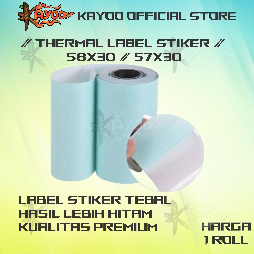 

KAYOO THERMAL STIKER LABEL 57X30 58X30 & KERTAS THERMAL MINI PRINTER BLUETOOTH 58MM