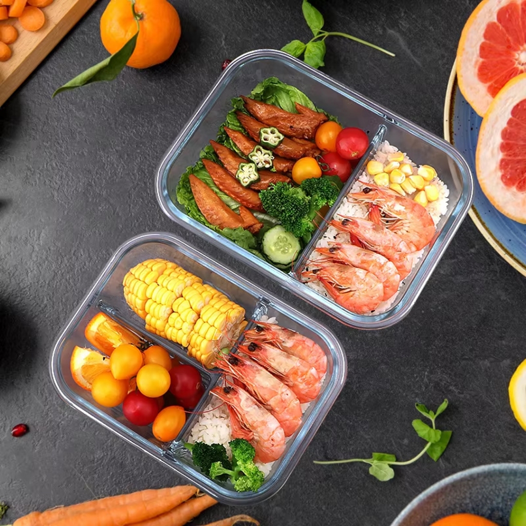 Clotee Lunch Box Kotak Penyimpanan Makan Bahan Kaca Microwave Oven Safe Bersekat /lunch box kaca