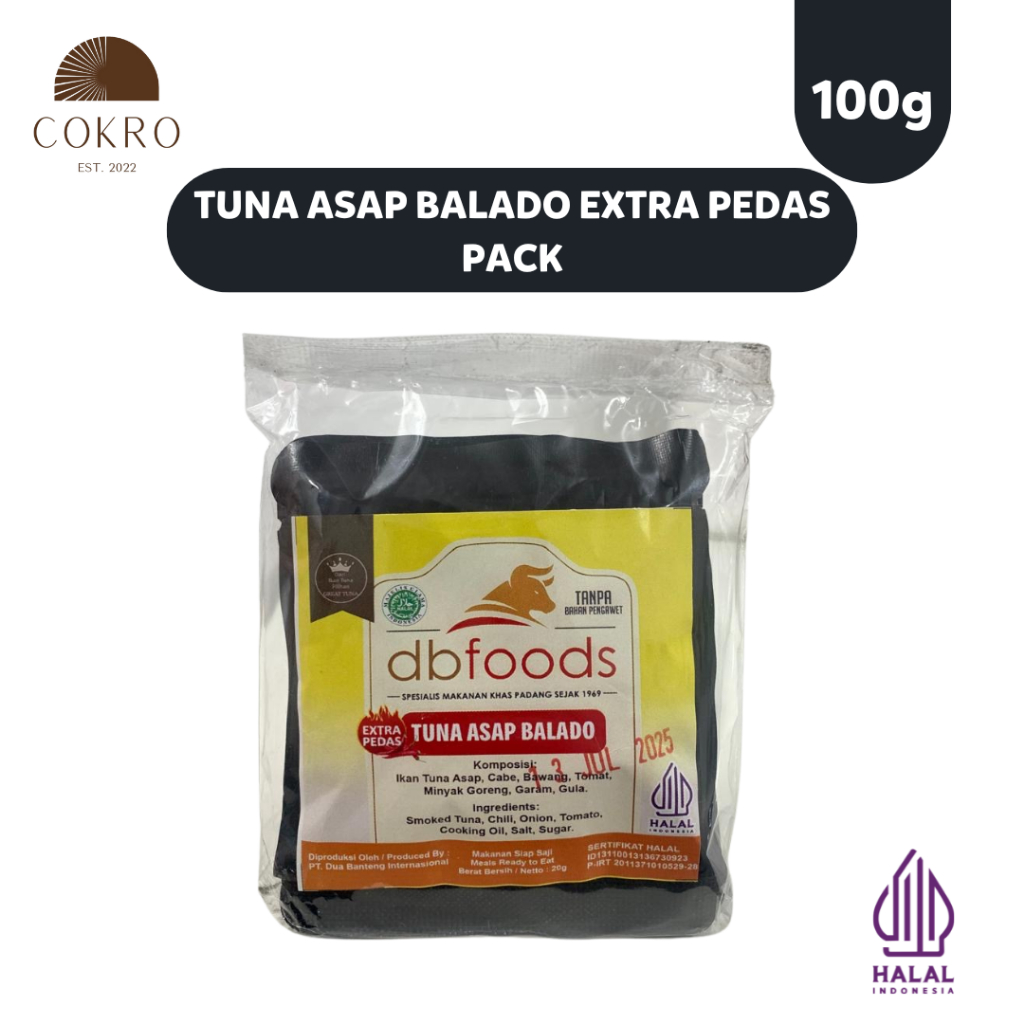 

Tuna Asap Balado Ekstra Pedas DBFOODS Pack isi 5 pcs 20g, Praktis Siap Makan Asli Padang