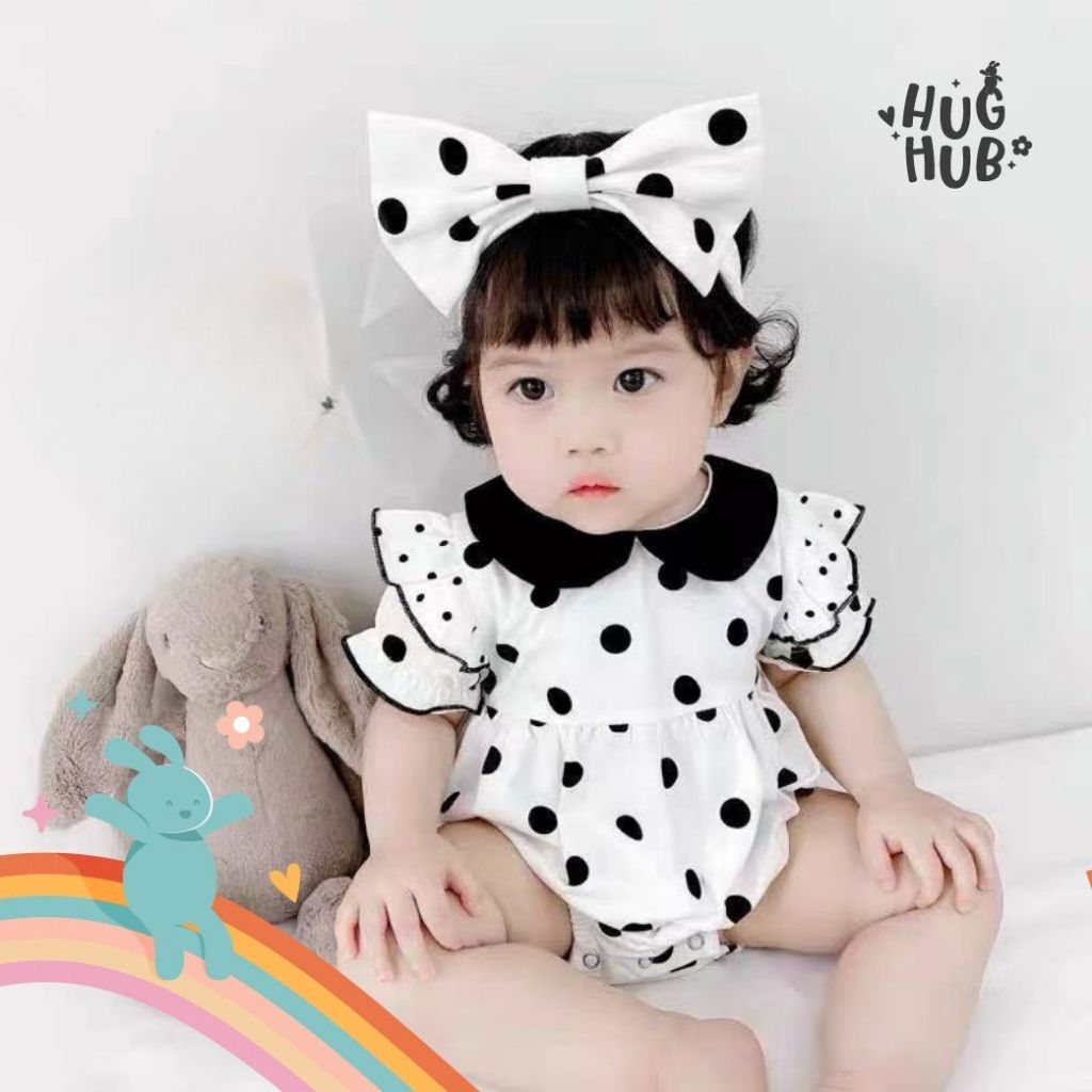 Hughub Baju Romper Set Bando Bayi Motif Polkadot Lucu Putih Hitam Anak Perempuan Usia 3-12 Bulan Tre
