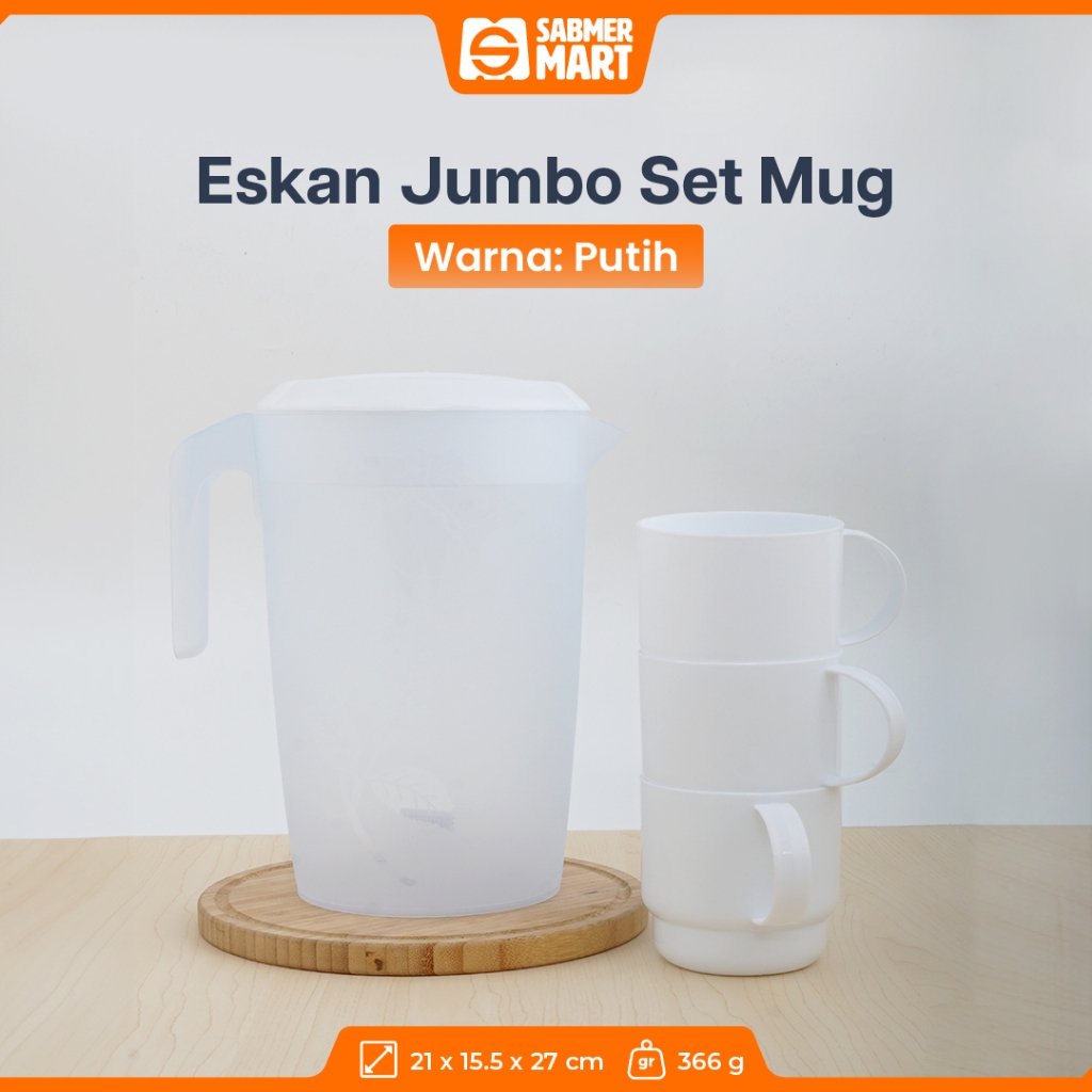 Teko Air Jumbo / Ceret Air / Eskan Plastik Bening 3 Liter Gratis Mug Putih Kiara Eskan Jumbo Set Mug